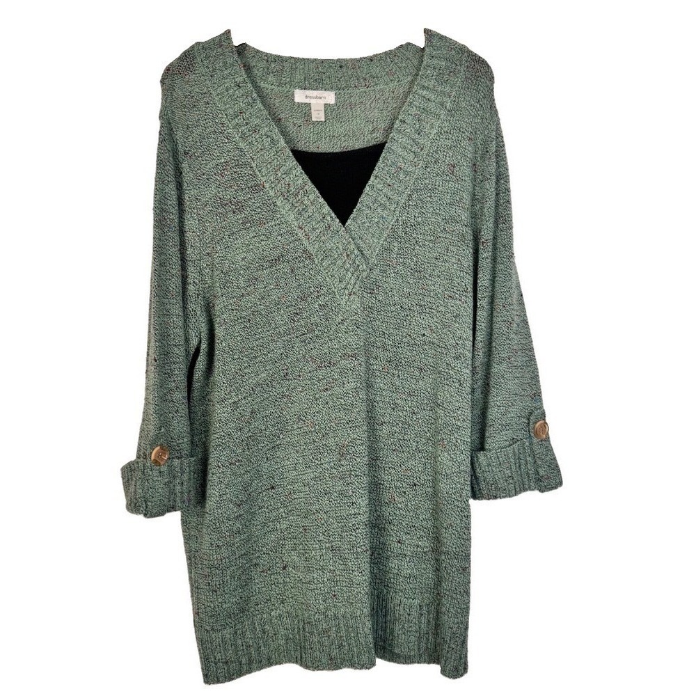 Dressbarn Pullover Womens 1X Green 3/4 Sleeve Marled Confetti V-Neck Sweater